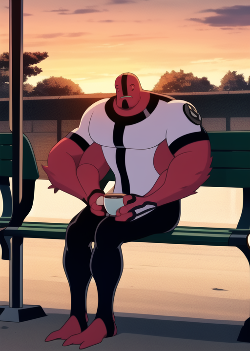 03654-3288506999-_lora_fourarms-08_1_ fourarms, sitting on bench, drinking tea, outdoors, full body, sunset, bus stop, park bench, masterpiece, b.png